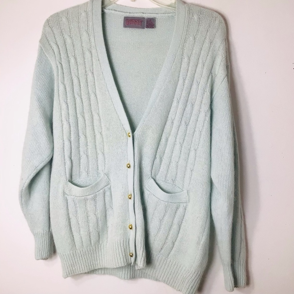 Worthington vintage cardigan women medium mint green gold buttons silk angora